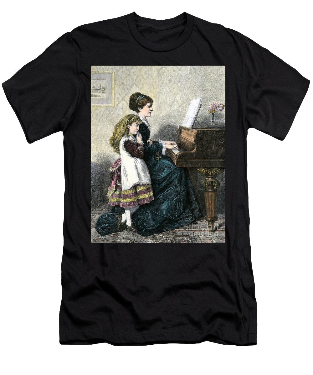 American Population Mother Giving a Piano Lecture to Her Daughter United States Years 1870 Colouring Engraving of the 19th Century American School T-Shirt