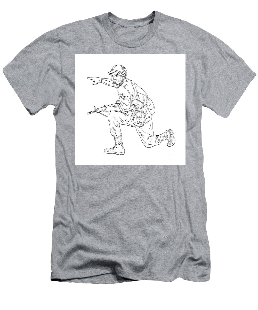 American Vietnam War Soldier with Rifle Kneeling Pointing Medieval Style Line Art Drawing Aloysius Patrimonio T-Shirt