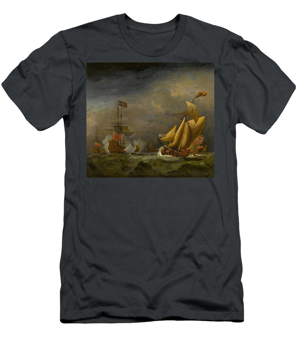 An English Manowar Saluting an English Royal Yacht in Choppy Seas Art Circle of Willem Van De Velde the Younger Dutch T-Shirt