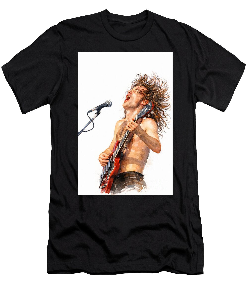 Angus Young Watercolour Portrait Print Ac DC Guitar Legend Wall Art Dcg Art T-Shirt