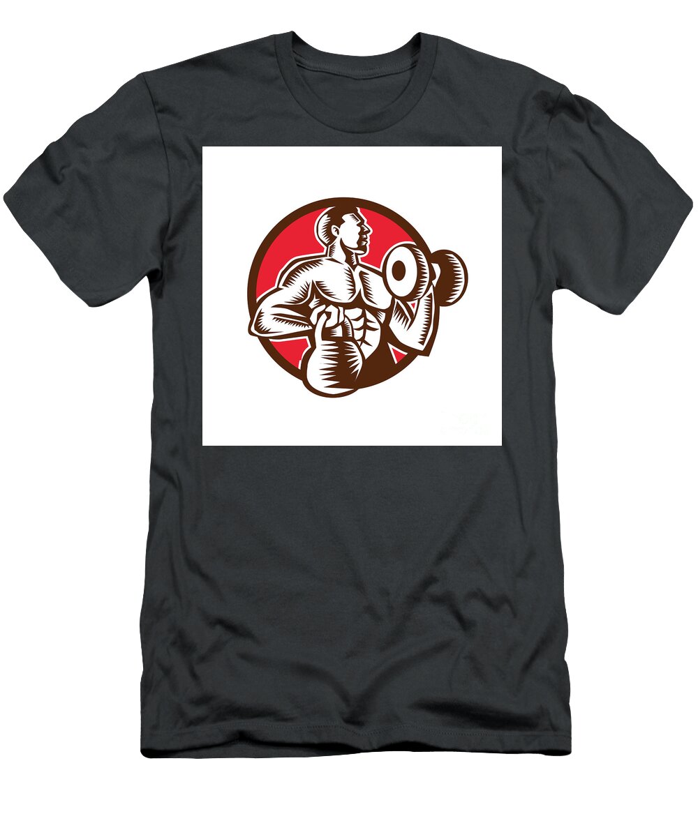 Athlete Lifting Kettlebell Dumbbell Circle Woodcut Aloysius Patrimonio T-Shirt