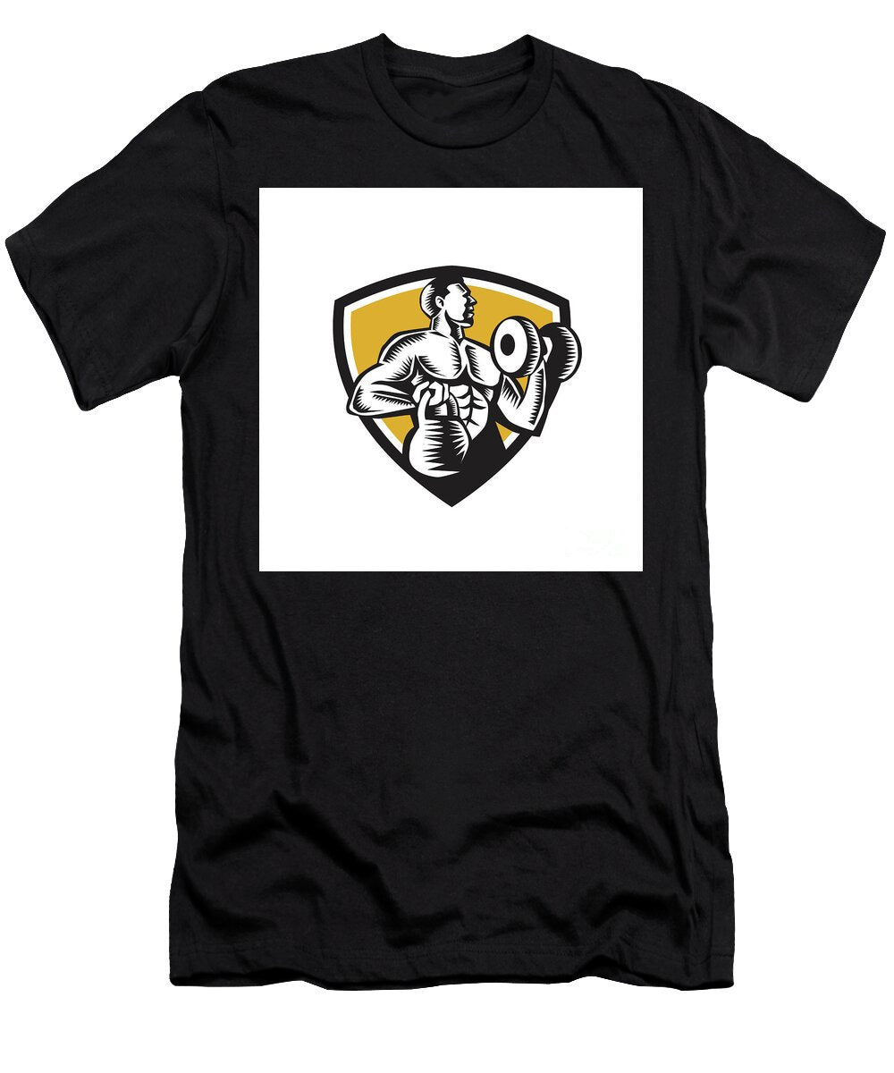 Athlete Lifting Kettlebell Dumbbell Crest Woodcut Aloysius Patrimonio T-Shirt