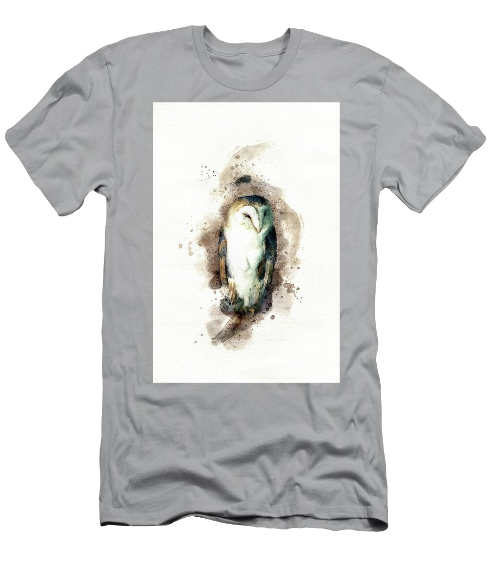 Barn Owl Perched on a Branch in an Old Barn Digital Watercolour Painting on White Jane Rix T-Shirt