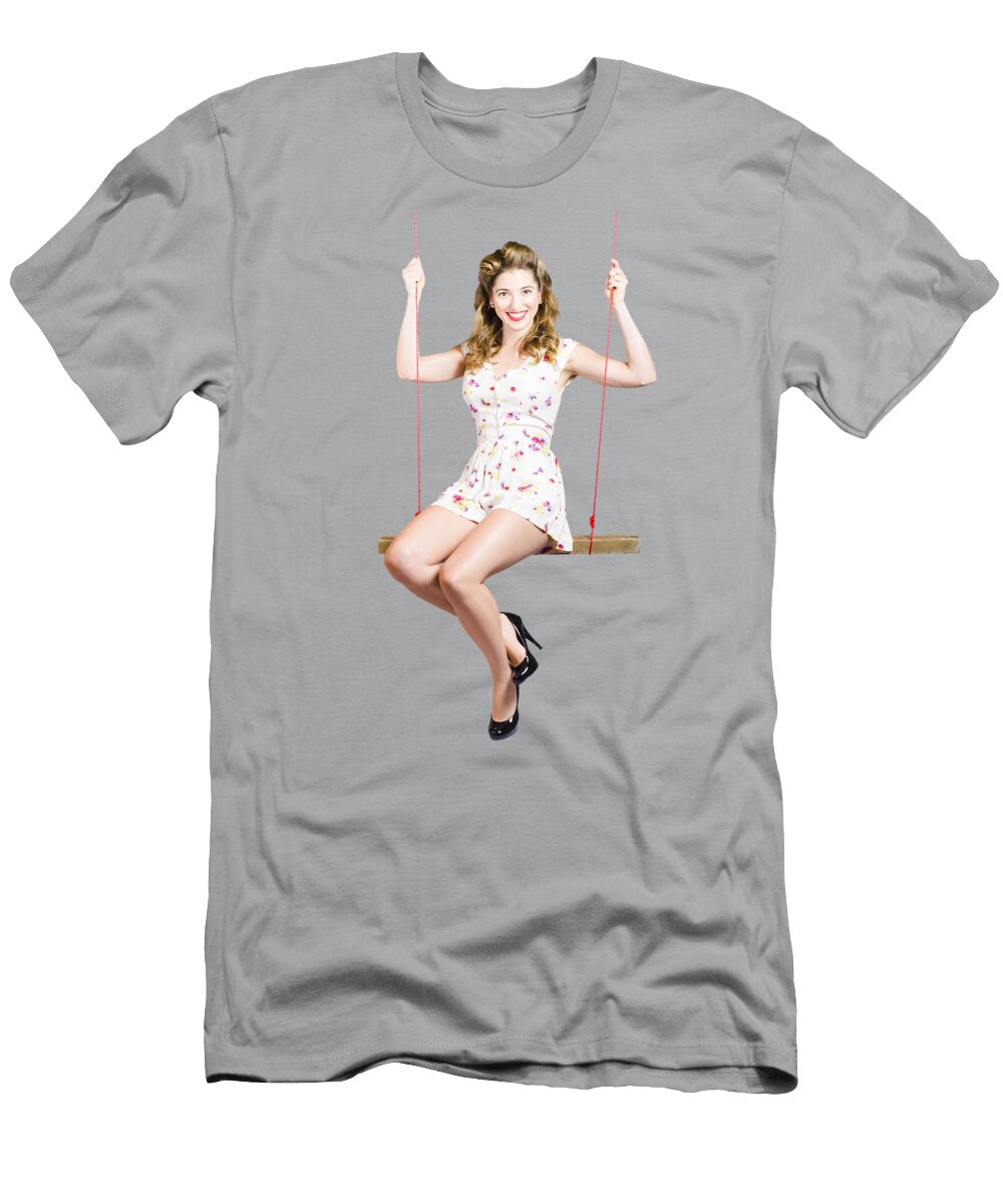 Beautiful Fifties Pin Up Girl Smiling on Swing Jorgo Photography Wall Art Gallery T-Shirt