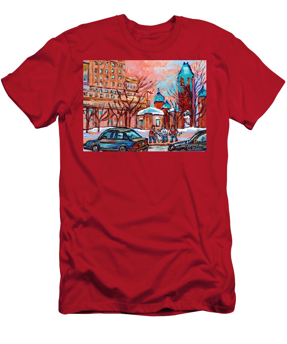 Beautiful Winter Day Downtown Montreal Dominion Square Hockey Art Carole Spandau T-Shirt