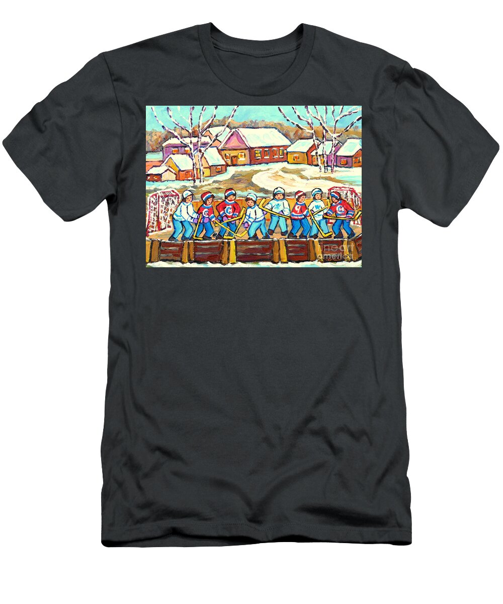 Beautiful Winter Day Laurentian Village Scene Outdoor Rink Hockey Game Painting C Spandau Quebec Art Carole Spandau T-Shirt