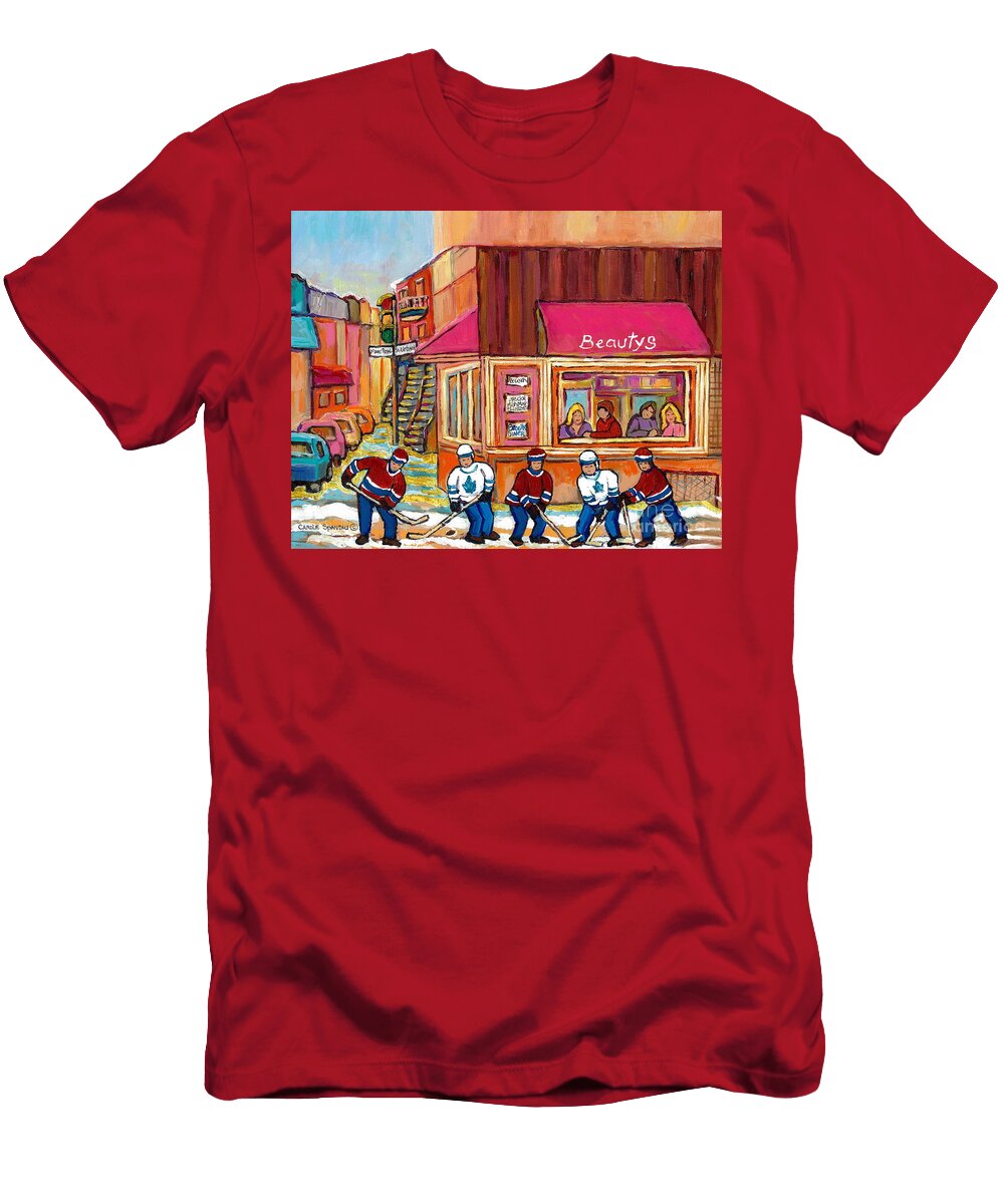 Beautys Restaurant Montreal Street Scene Painting Hockey Game Hockeyart Carole Spandau T-Shirt
