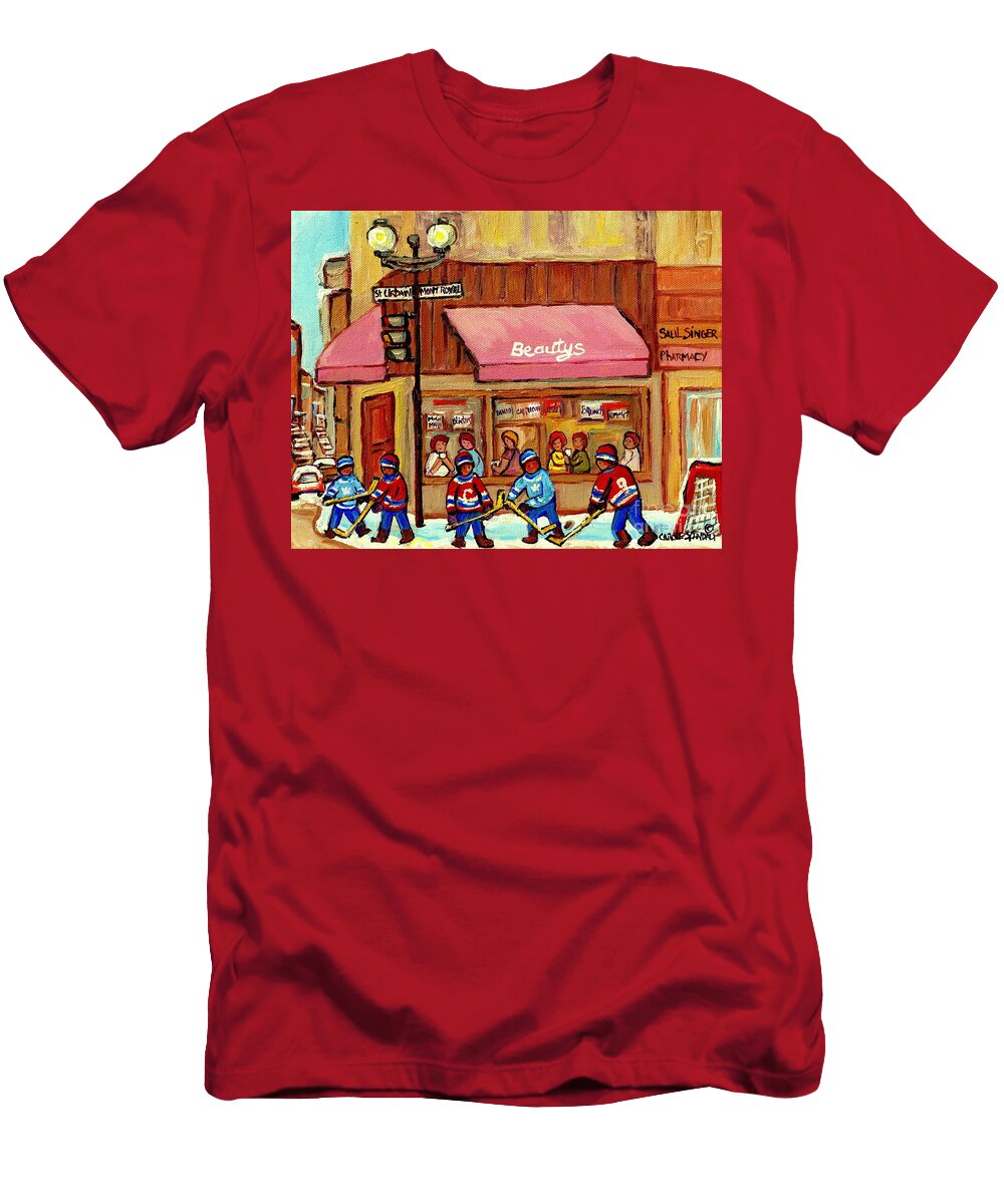 Beautys Restaurant Paintings of Plateau Montreal Winter Scenes Hockey Art Carole Spandau Carole Spandau T-Shirt