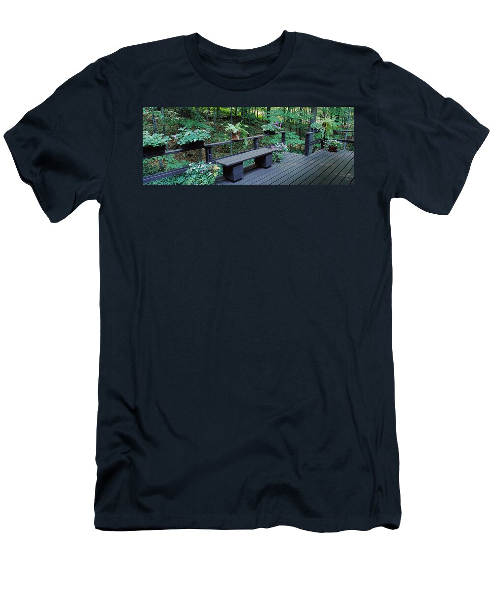 Bench on the Deck Porch of a House Panoramic Images T-Shirt