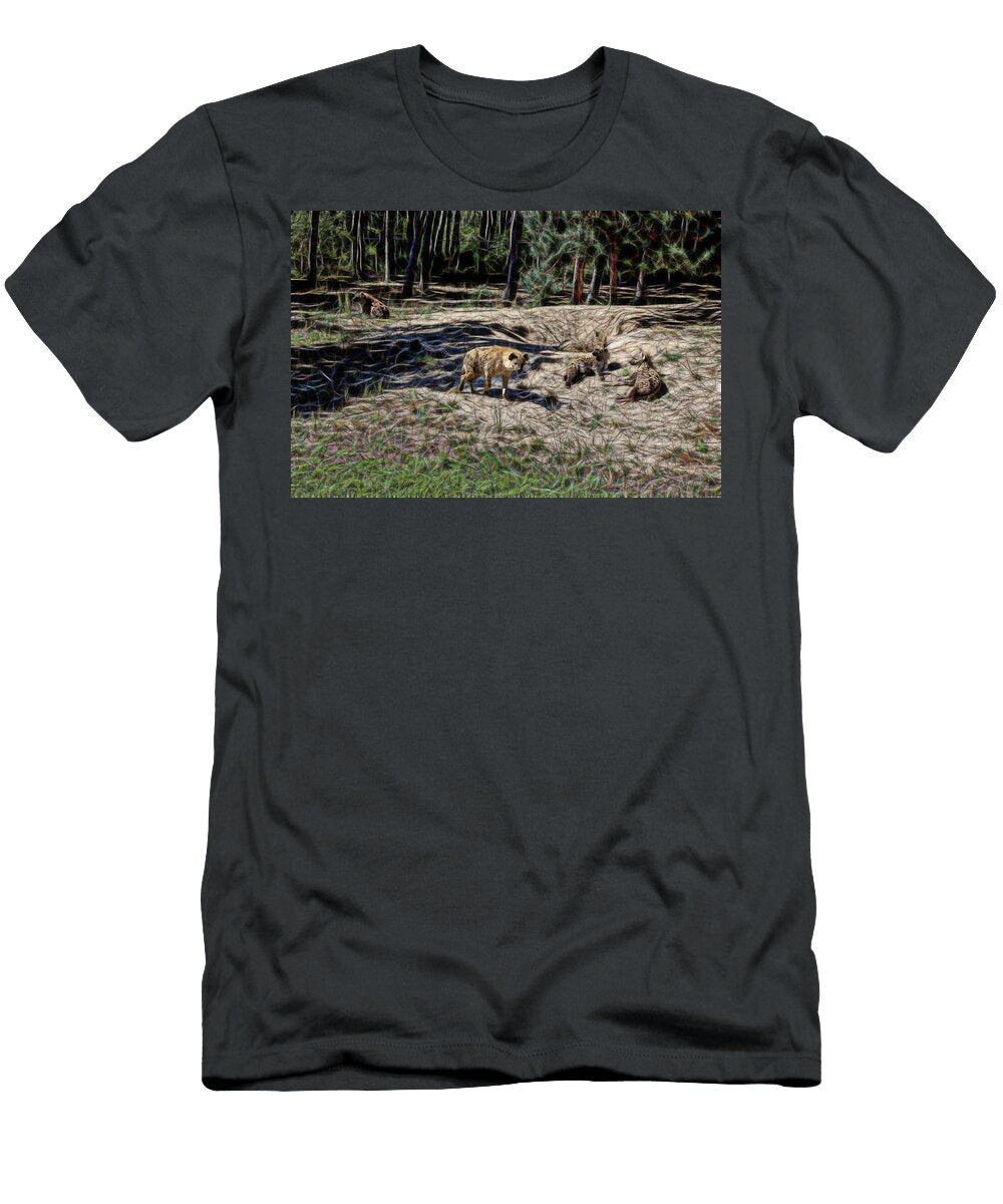 Beyond the Veil Hyena Family Amidst Fractal Wonders Gregg Ott T-Shirt