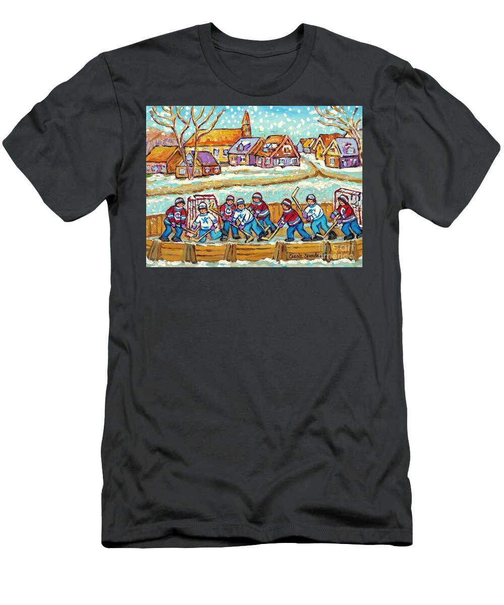 Big Hockey Game Outdoor Ice Rink Snowy Winter Scene Painting Canadian Art C Spandau Quebec Artist Carole Spandau T-Shirt