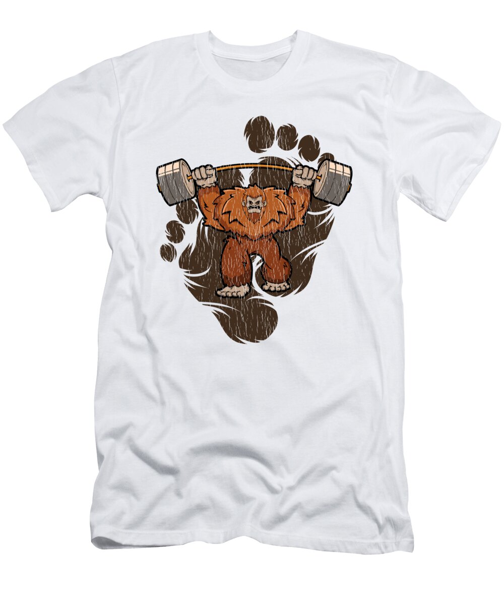 Bigfoot Weightlifting Sasquatch Lifting Weights Distressed Look Kevin Garbes T-Shirt
