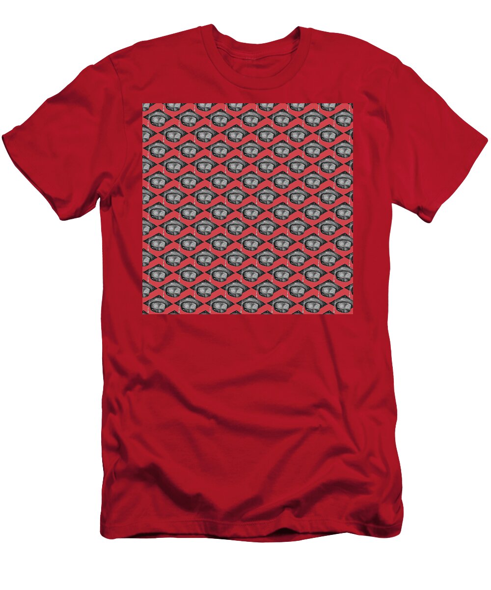 Black Graduation Cap on Red Pattern Iris Richardson T-Shirt