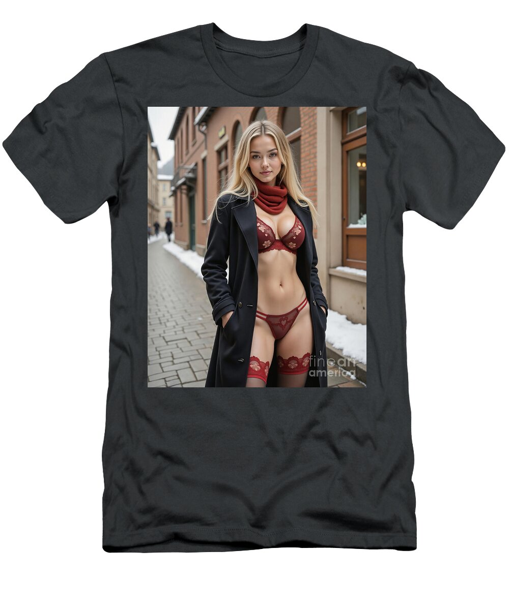 Blonde Woman in Winter Street Wearing a Black Coat Jt Photodesign T-Shirt