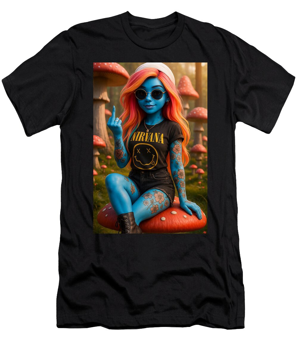 Blue Character in Mushroom Forest Ashen Reed T-Shirt