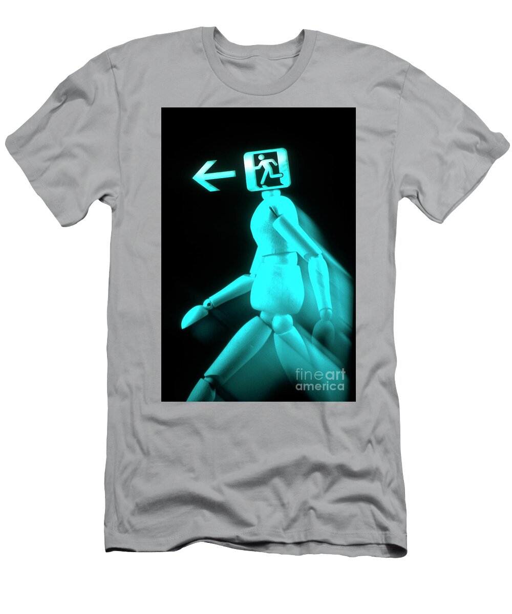 Blue Wooden Figure Trying to Find an Exit on a Black Background Bernard Jaubert T-Shirt