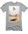 Blurred Woman in White Satin Meditating in Lotus Pose with Glow Dorin Puha T-Shirt