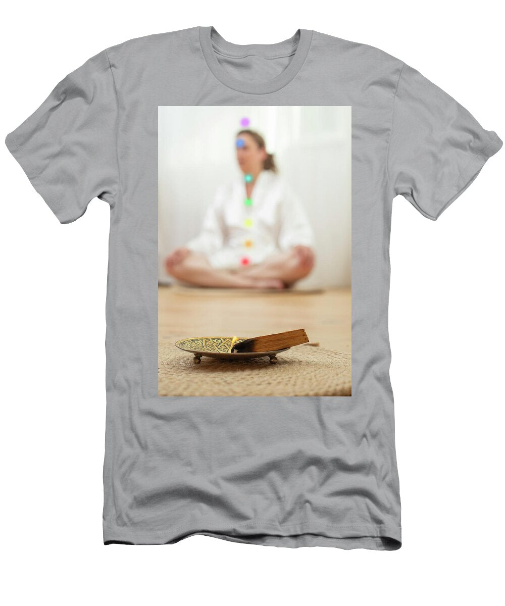 Blurred Woman in White Satin Meditating in Lotus Pose with Glow Dorin Puha T-Shirt