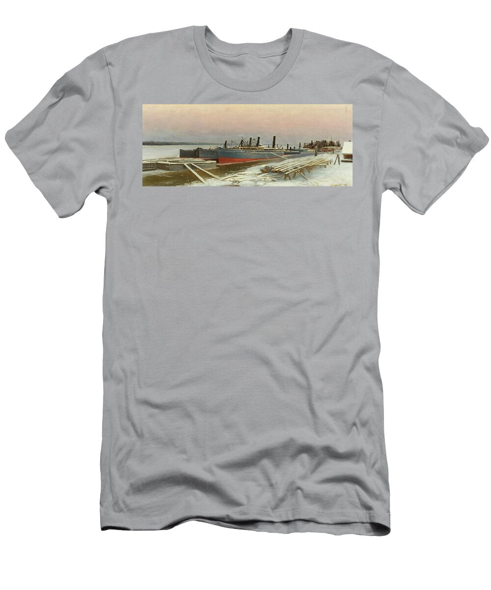 Boats At Dock in Winter Mikhail Pomeranzev T-Shirt