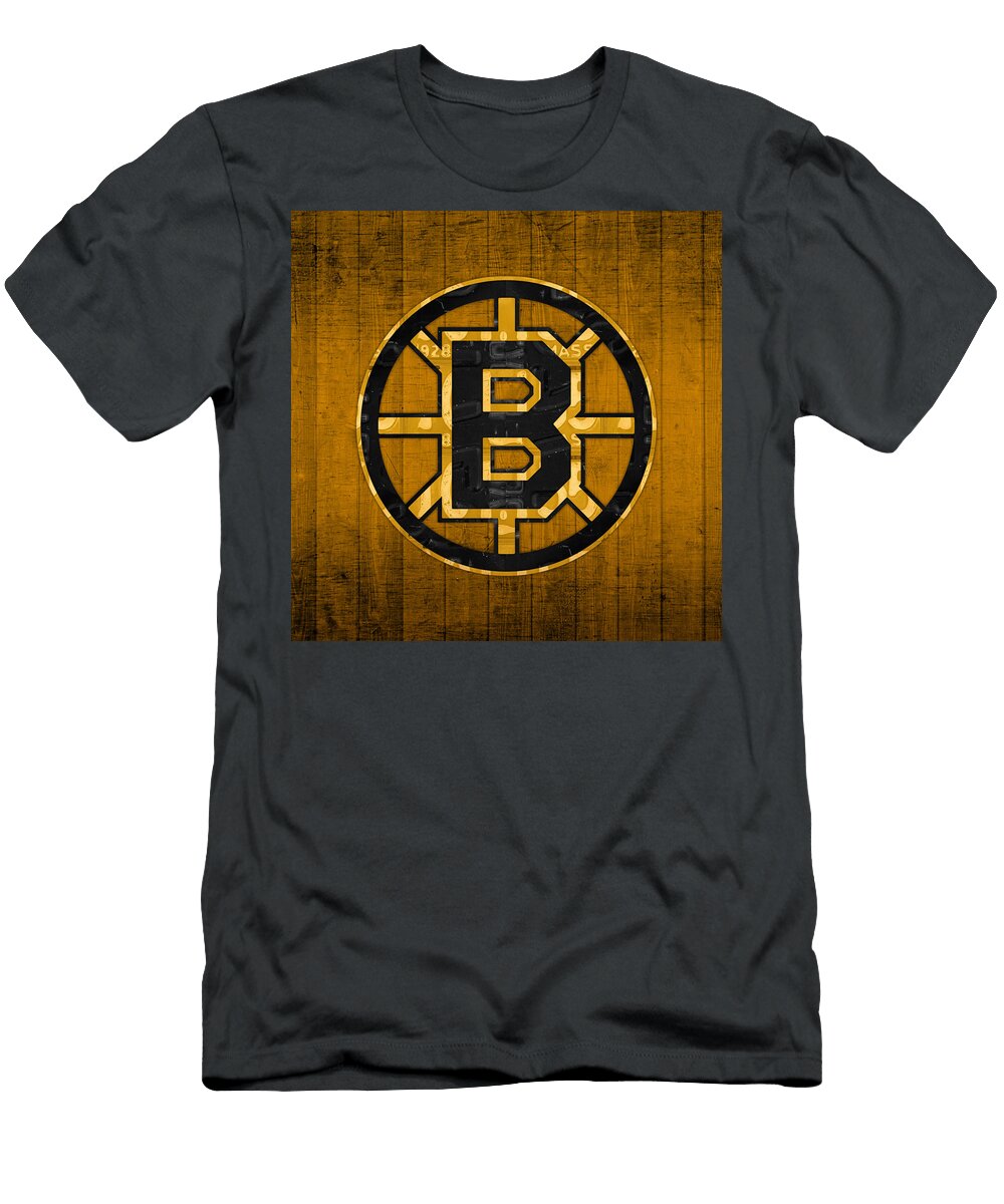 Boston Bruins Hockey Team Retro Logo Vintage Recycled Massachusetts License Plate Art Design Turnpike T-Shirt