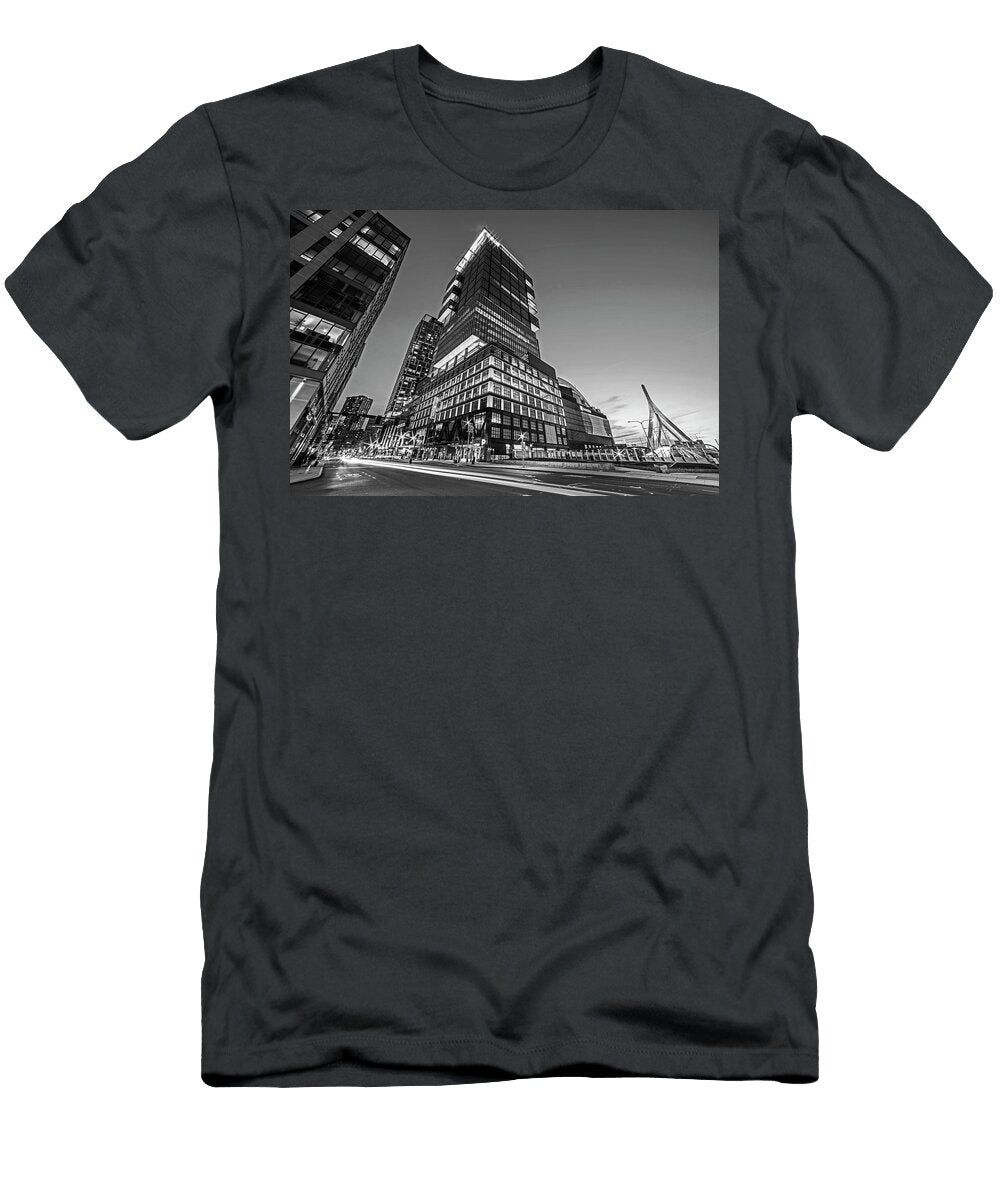 Boston Ma Causeway Street At Dusk Td Garden and Zakim Bridge Black and White Toby Mcguire T-Shirt