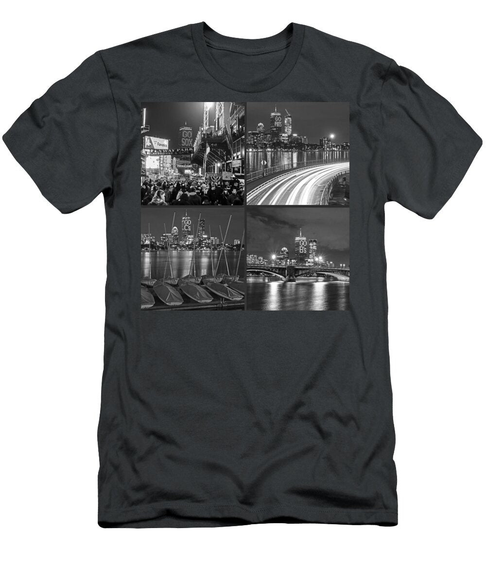 Boston Sports Greatness the Prudential Lit Up for the Red Sox Patriots Celtics and Bruins Bw Toby Mcguire T-Shirt