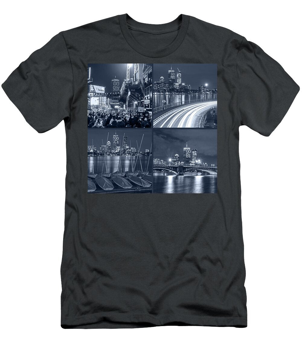 Boston Sports Greatness the Prudential Lit Up for the Red Soxpatriots Celtics and Bruins Mono Blue Toby Mcguire T-Shirt