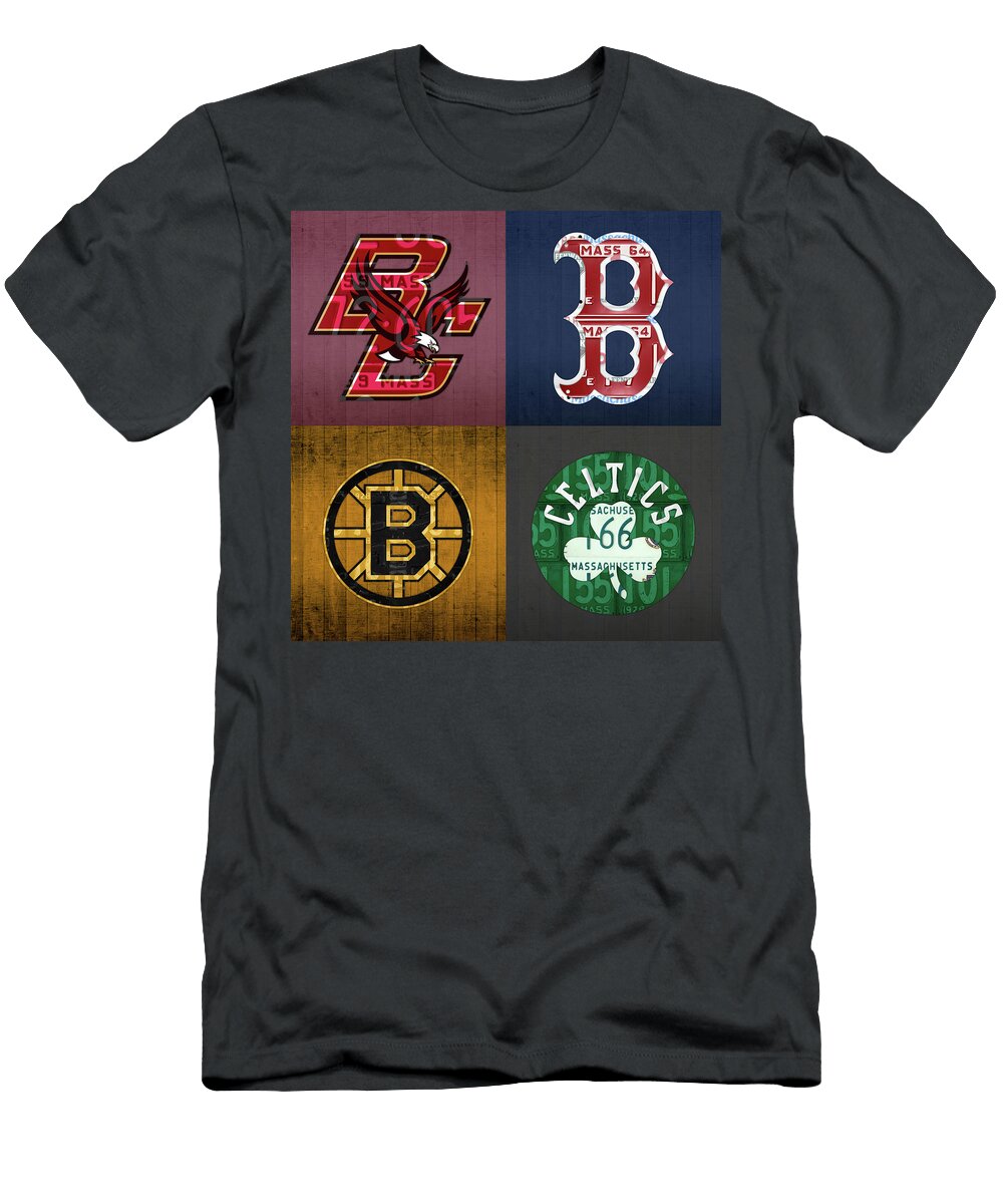 Boston Sports License Plate Art Collage Bc Red Sox Bruins and Celtics Design Turnpike T-Shirt