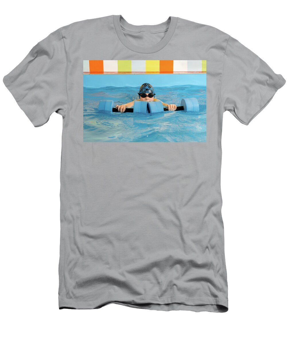Boy Swimming with Water Dumbbells in Hands in Swimming Pool Maria Kray T-Shirt