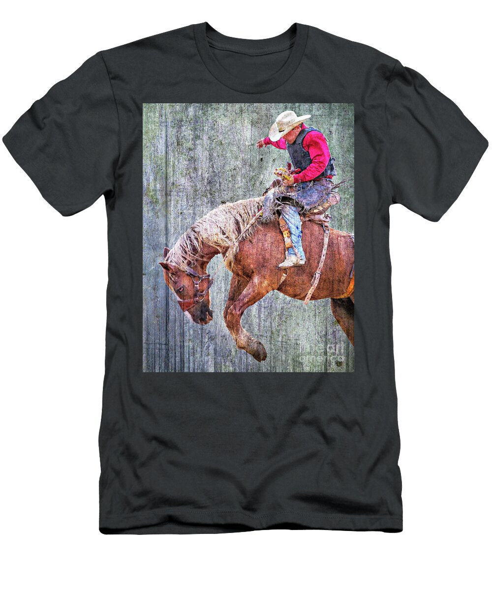 Bronco Riding Rodeo Cowboy on Metal Randy Steele T-Shirt
