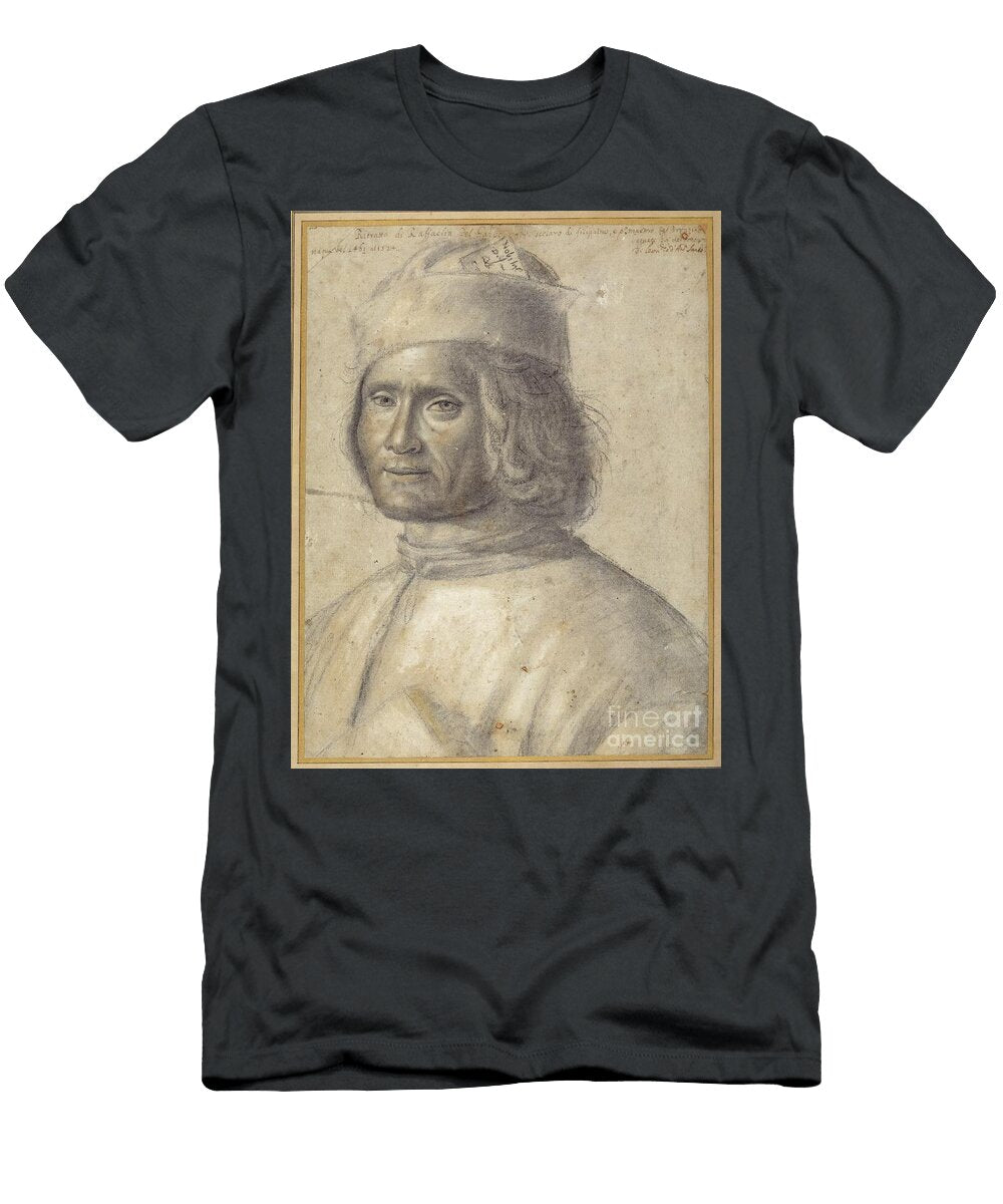 Bust Length Portrait of a Bearded Man in a Cap Holding a Book Against His Chest Lateto Early Black Chalk with Touches of Red on Paper Venetian School T-Shirt