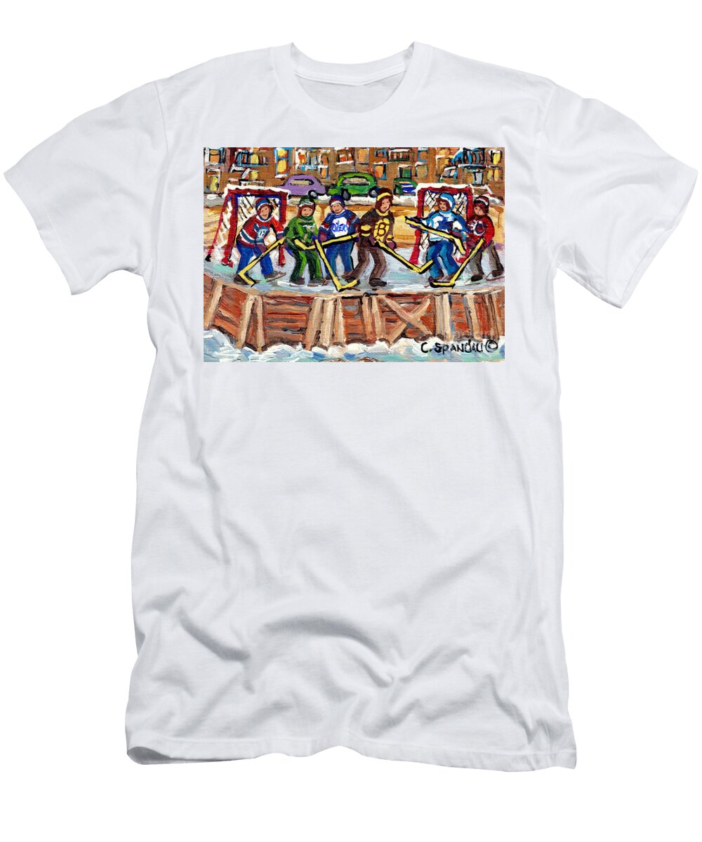 Calgary Flames Ottawa Sens Toronto Leafs Canadiens Oilers Boston Bruins Hockey Art Outdoor Rinks Carole Spandau T-Shirt