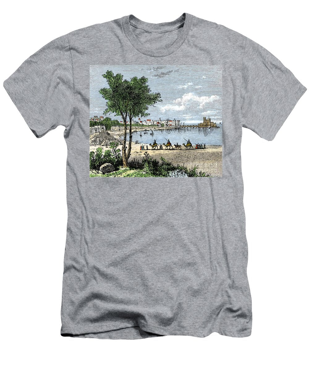 Camel Caravan Approaching Sidon Saida or Saidoon Port of the Phenicians in the Antiquite Colourful Engraving of the 19th Century American School T-Shirt