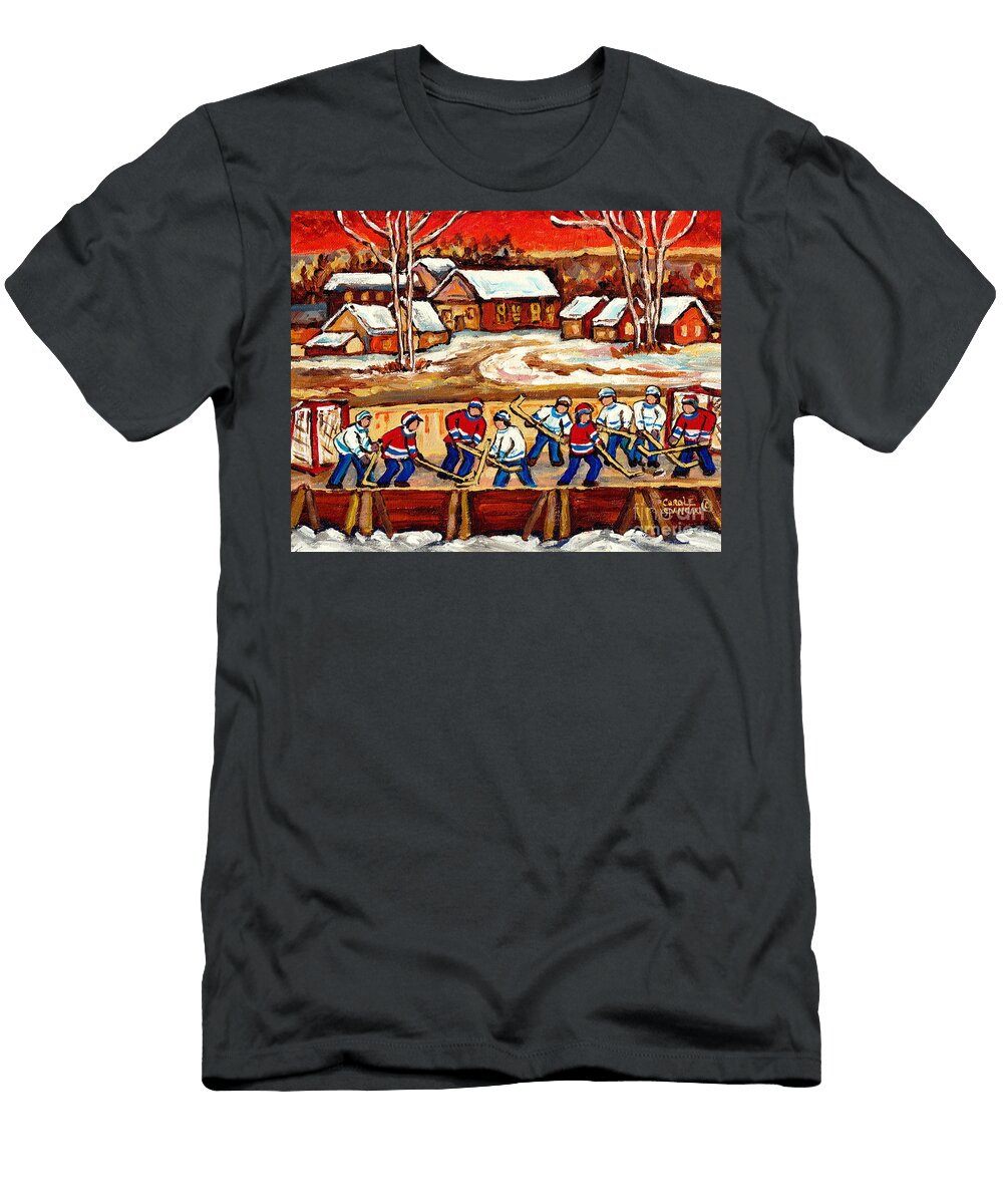 Canadian Landscape Outdoor Hockey Rink Village Scene Hand Painted Art for Sale C Spandau Winterscene Carole Spandau T-Shirt