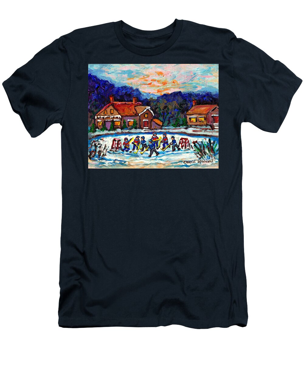 Canadian Winter Village Pond Hockey Game Quebec Winter Landscape Snow Scene Painting C Spandau Art Carole Spandau T-Shirt