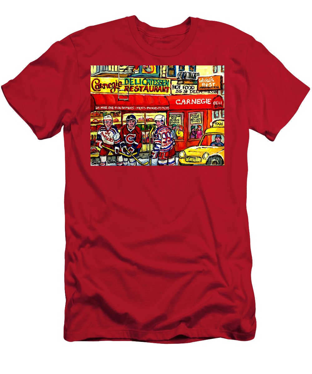 Carnegie Deli Manhattan Winter City Scene Painting New York Rangers Meet Montreal Canadiens Hockey Carole Spandau T-Shirt