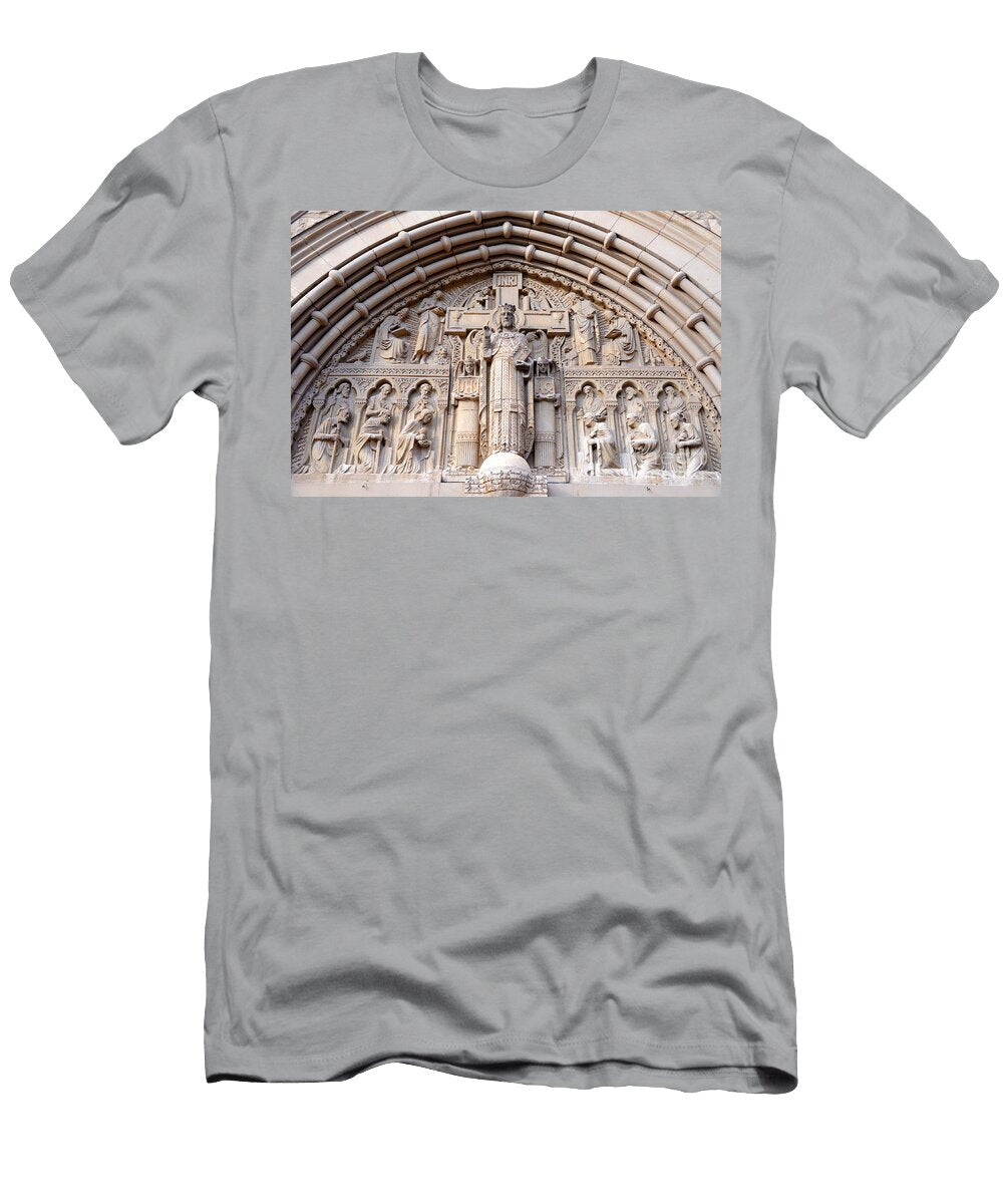 Carved Stone Biblical Mural Above Catholic Cathedral Doorway Gary Whitton T-Shirt