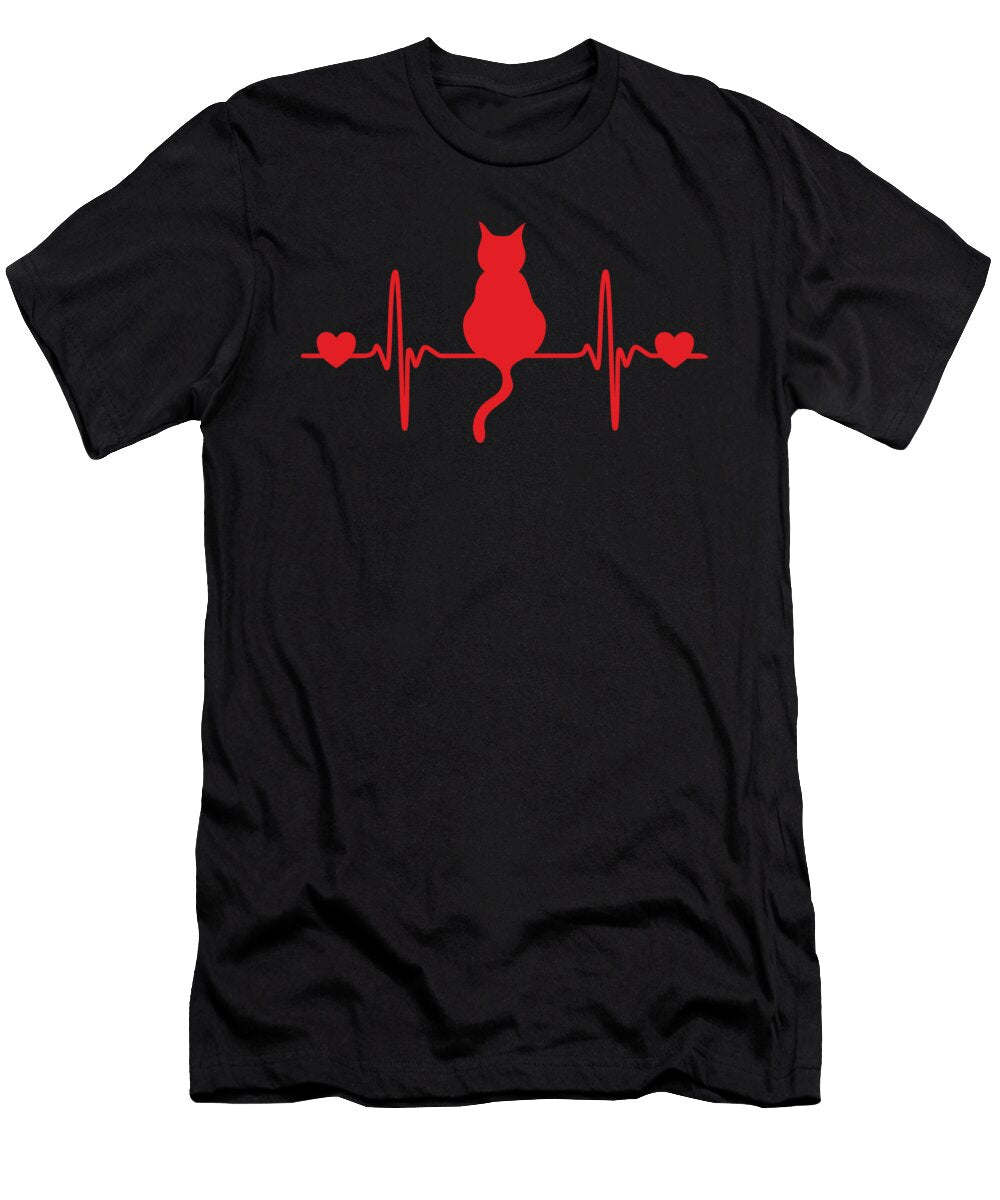 Cat Heartbeat Silhouette Red Ekg Line Rhonda Bolianatz T-Shirt