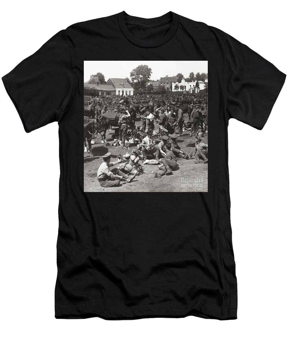 Cavalry Always Ready in Anticipation of a Breakthrough Rest Their Horses in a French Village English Photographer T-Shirt