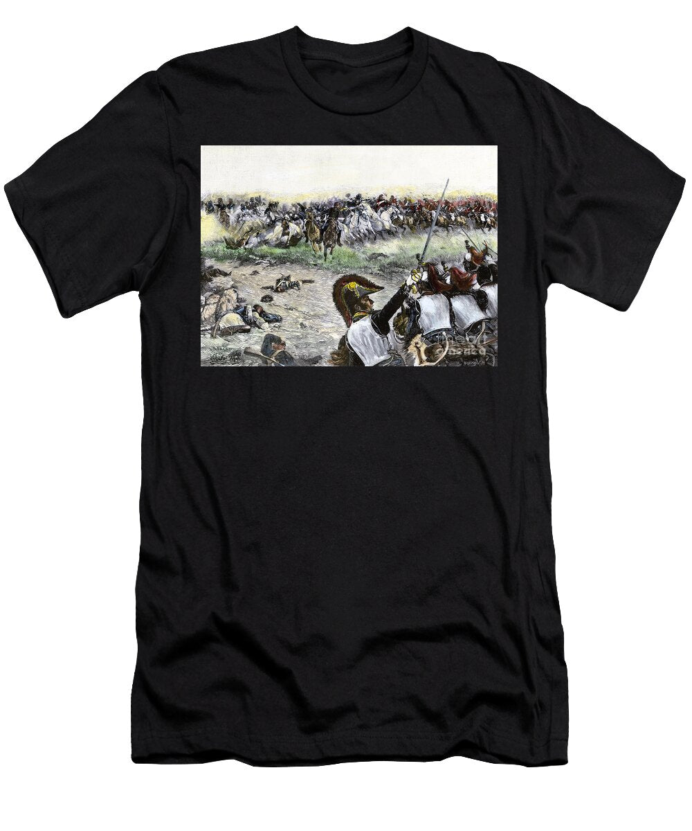 Cavalry Loading Marking the End of the Battle of Waterloo Against the Arms of Napoleon I Bonaparte 1815 Colour Engraving of the 19th Century American School T-Shirt