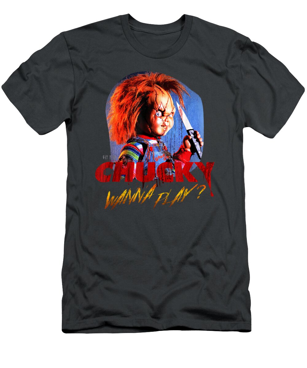 Child Play Chucky Wanna Play Creepy Portrait Bruin Maisey T-Shirt
