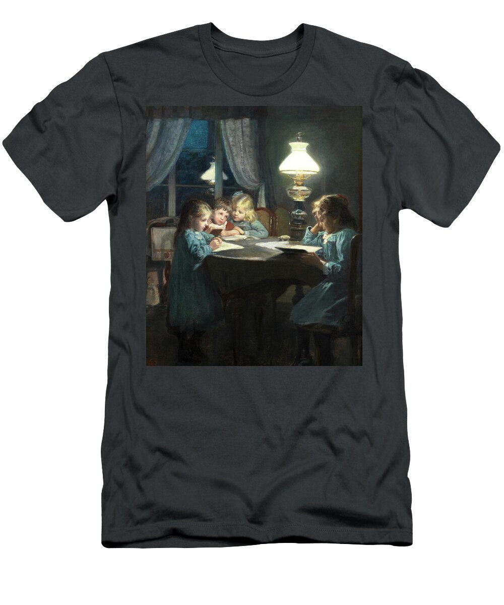 Children Reading By Lamp Light Knud Erik Larsen T-Shirt
