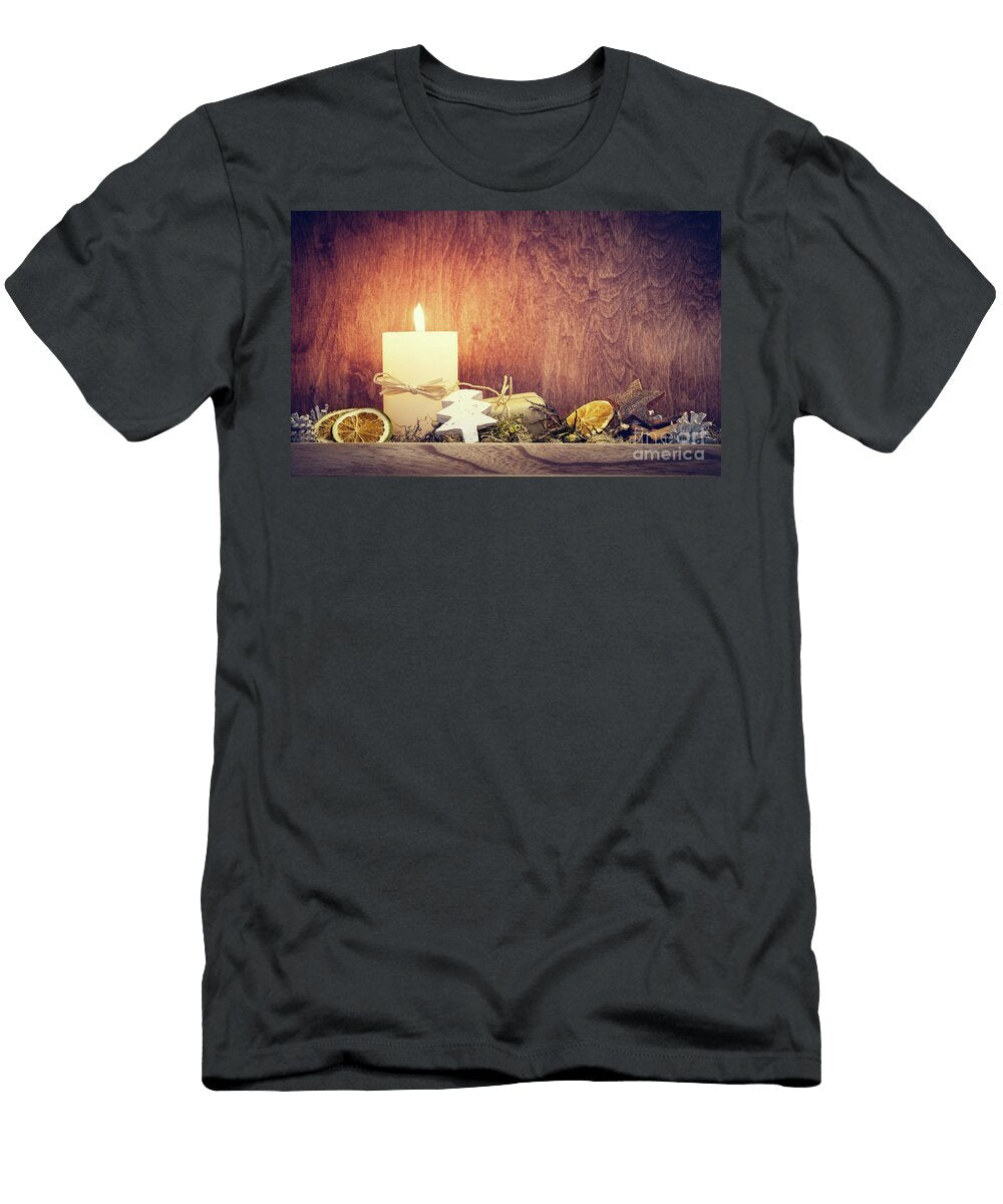 Chistmas Decoration with Candle Glowing on Wooden Wall Background Michal Bednarek T-Shirt