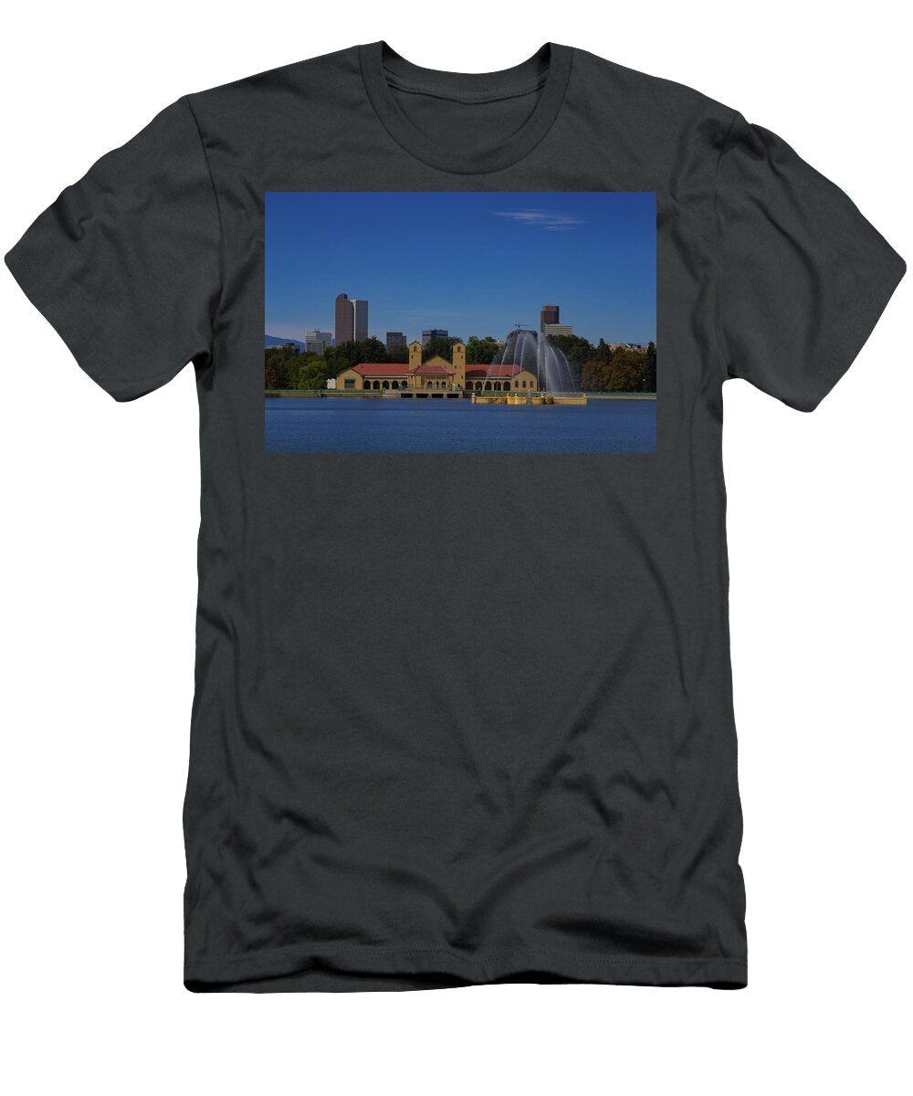 City Park Boat House and Fountain with Downtown Denver Skyline in the Summer Bridget Calip T-Shirt