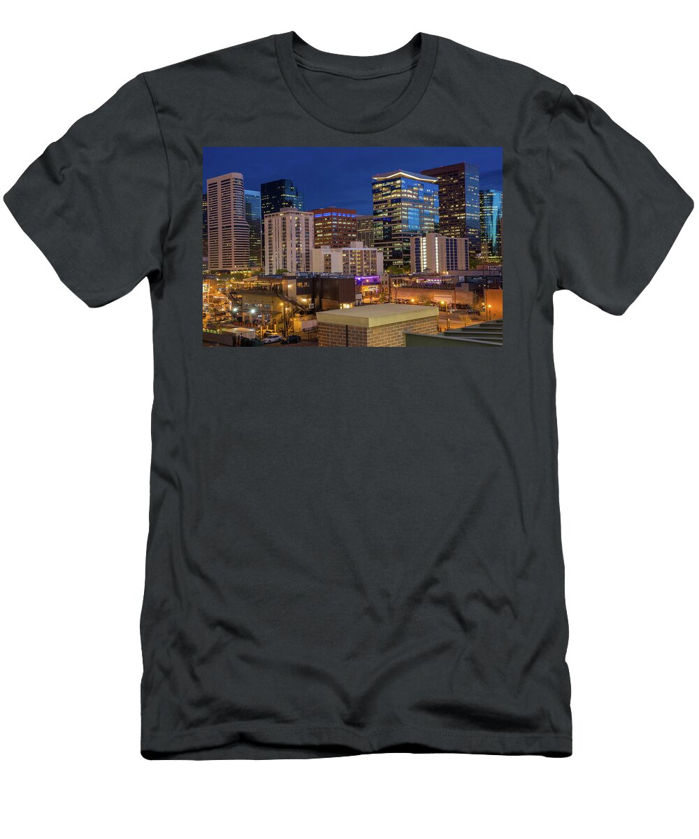 Close Up of Downtown Denver Skyscrapers From Lower Downtown At Night Bridget Calip T-Shirt