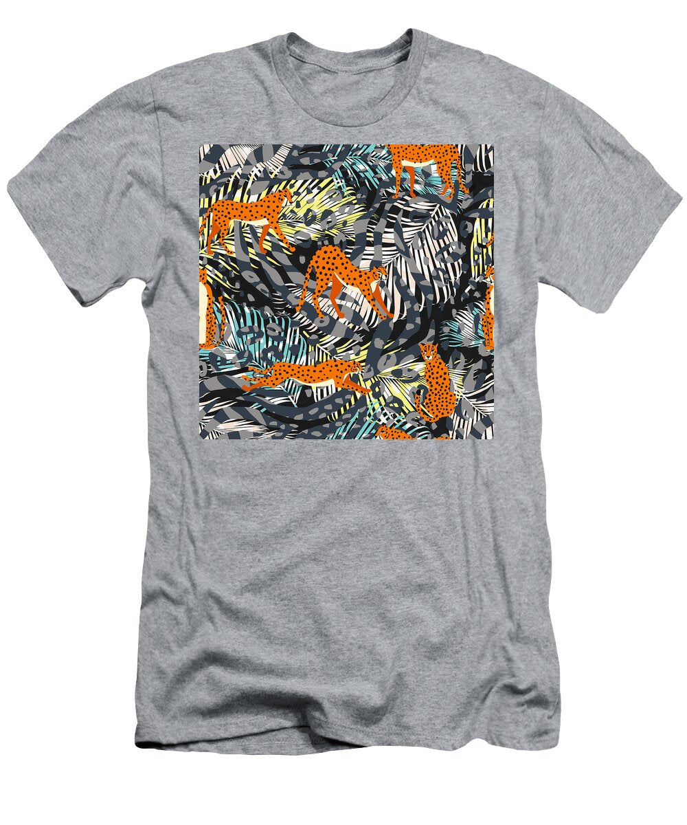 Collection of Cute Hand Drawn Cheetahs Standing Stretching Running and Walking on Leaves Backdrop Mounir Khalfouf T-Shirt
