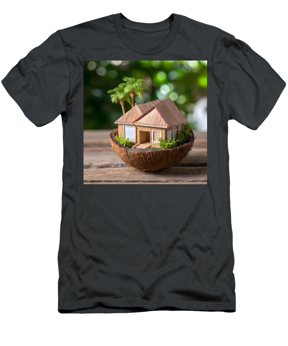 Collection of Miniature Hand Made Tropical House with Palm Trees Sits Inside a Halved Coconut Shell Mounir Khalfouf T-Shirt