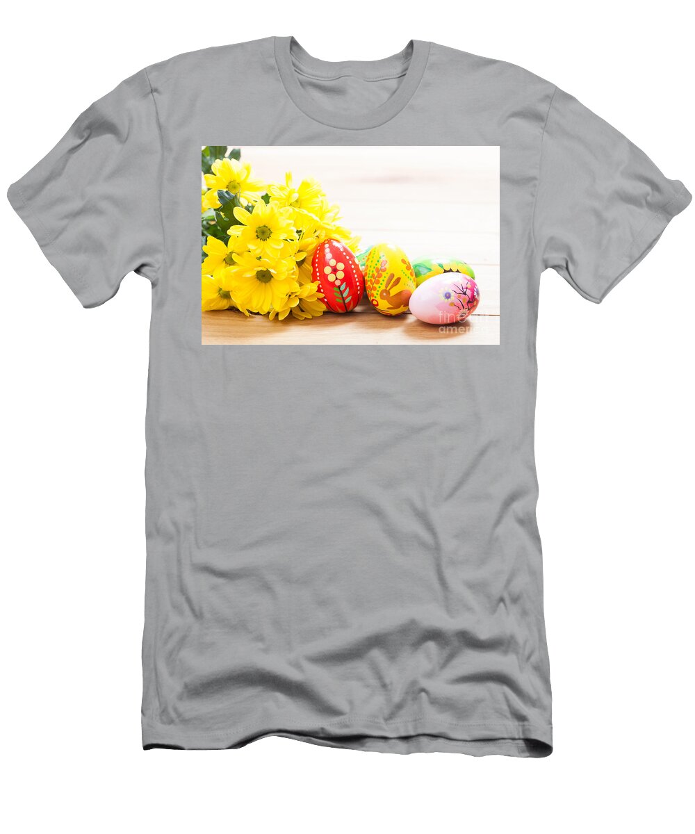 Colorful Hand Painted Easter Eggs and Spring Flowers on Wood Michal Bednarek T-Shirt