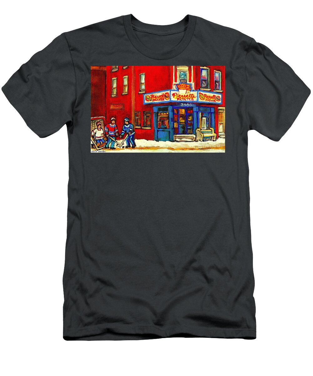 Cornerstore Hockey Game in Verdun Pierrette Patates Restaurant Montreal Verdun Winter Hockey Scenes Carole Spandau T-Shirt