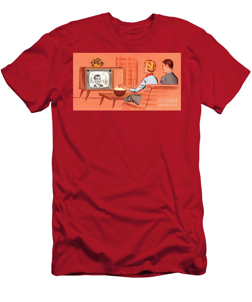 Couple Watching a Retro Television in Their Den 1958 Screen Print American School T-Shirt